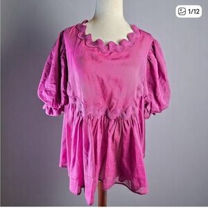 Anthropologie Mare Mare Blouse Womens Large Pink Puff Sleeve Ruffle Silk Cotton